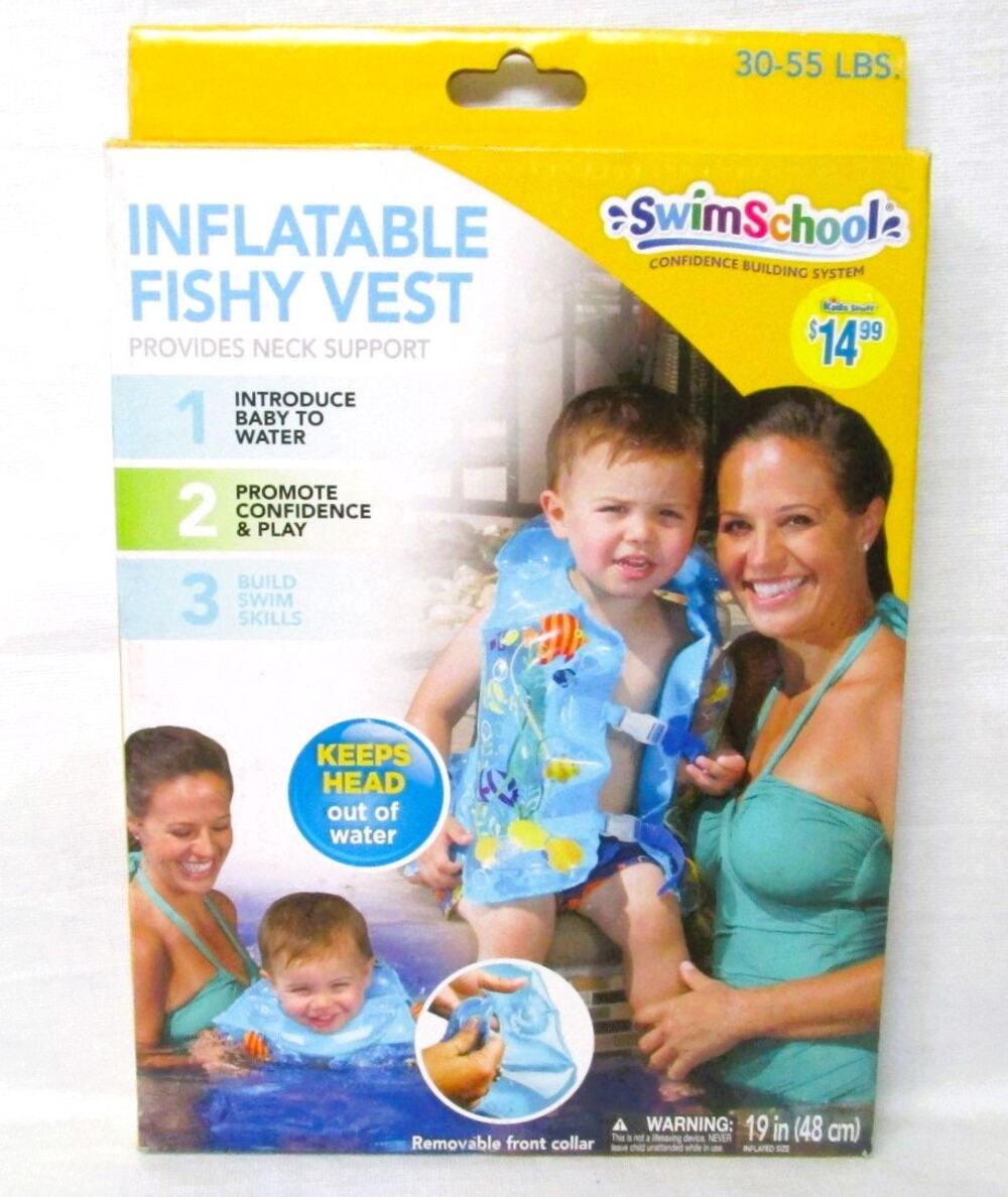 Swim School Kids Inflatable Life Vest Fish Theme, Vinyl, 30–55 lbs. Water Safety
